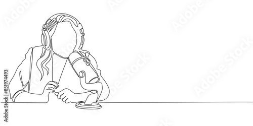woman with over-ear headphones and professional microphone reads sheet of paper while sitting at table - one line art vector. concept to record podcast, live radio presenter