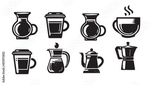 A set of eight stylized black and white illustrations depicting different coffee makers, mugs, and carafes, perfect for beverage-related designs.