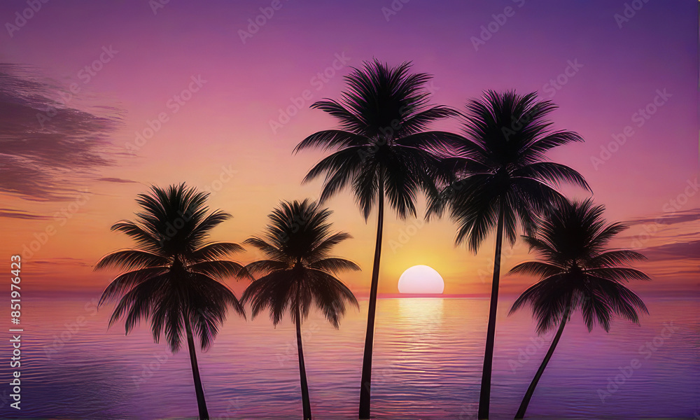 Fototapeta premium silhouette of palm trees against a summer sunset background