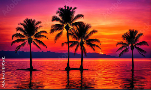 silhouette of palm trees against a summer sunset background