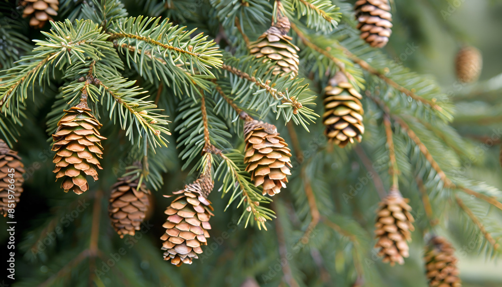 green leaves Spruce branch with cones green leaves Spruce branch with cones