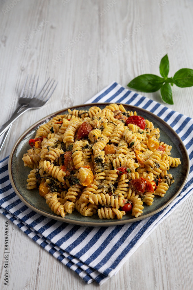 Homemade Baked Boursin Pasta on a Plate, side view. Homemade Baked Boursin Pasta on a Plate, side view.