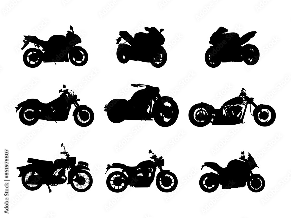 Obraz premium Set of Motorcycle Silhouette in various poses isolated on white background
