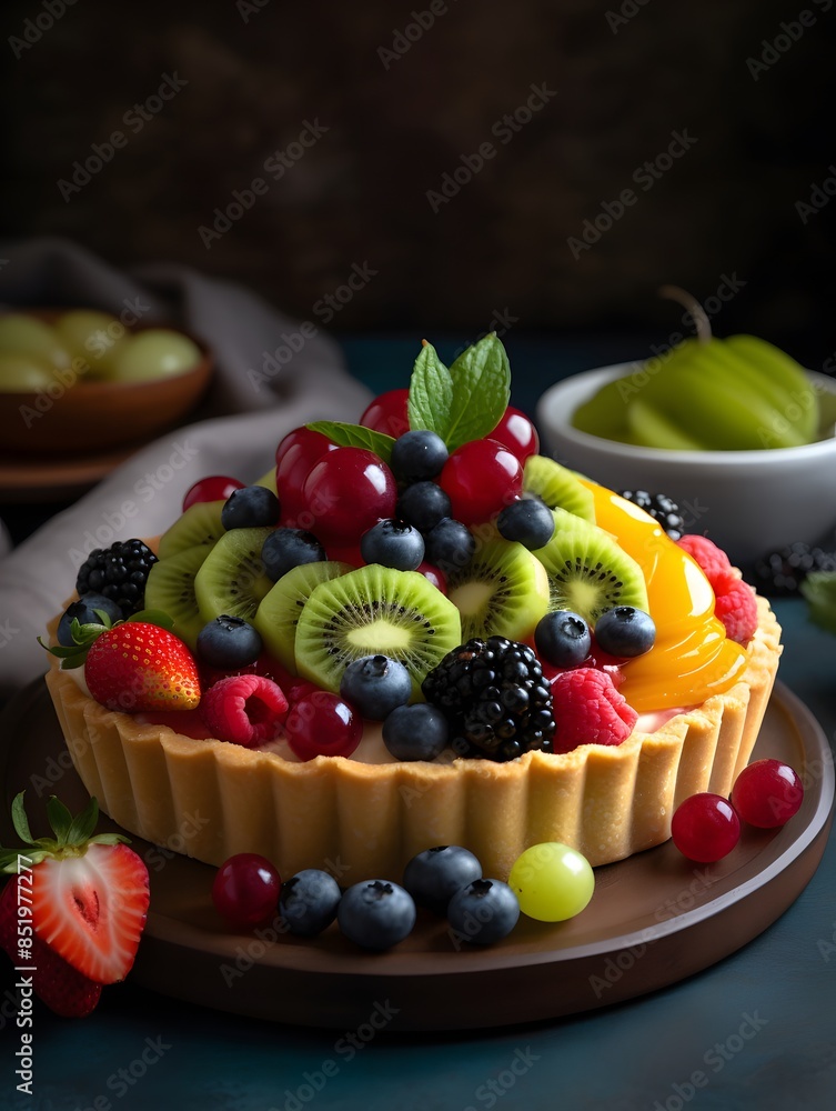 Vibrant Mixed Fruit Tart with Kiwi, Berries, and Peach Glaze. Vibrant Mixed Fruit Tart with Kiwi, Berries, and Peach Glaze.