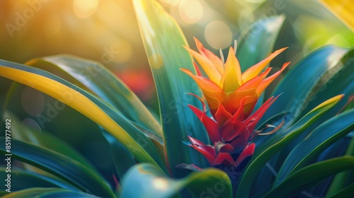 Close up of Blooming Guzmania a tropical plant from the Bromeliaceae Family with grass like evergreen leaves and a preference for warm climates Ample space for copying photo