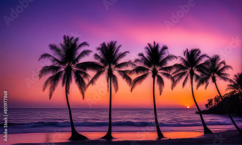 silhouette of palm trees against a summer sunset background