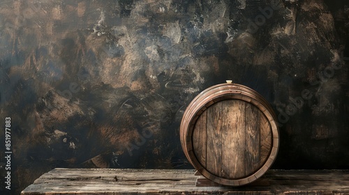 On the desk is a retro wooden barrel with a little free space for your decoration photo