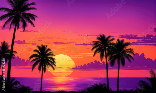 silhouette of palm trees against a summer sunset background