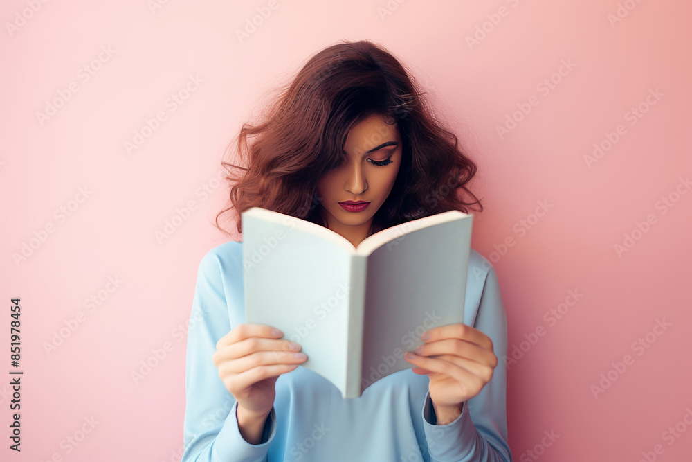 Woman Smiling Behind Open Book on pink Background. World book day, International literacy day, concept of education and learning. Generative ai. Woman Smiling Behind Open Book on pink Background. World book day, International literacy day, concept of education and learning. Generative ai.