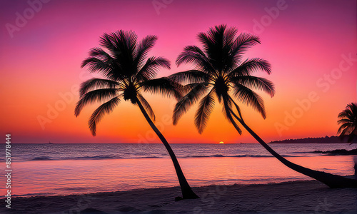 silhouette of palm trees against a summer sunset background