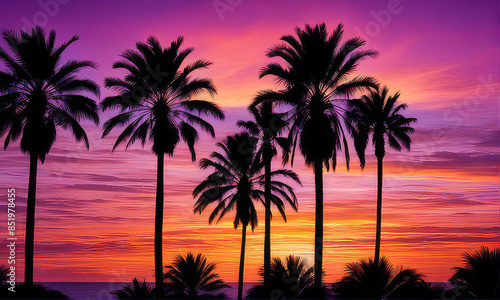 silhouette of palm trees against a summer sunset background © Muhammad