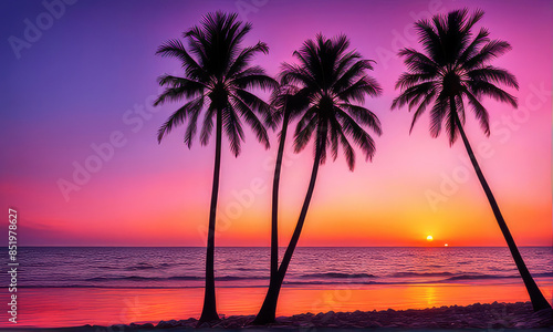 silhouette of palm trees against a summer sunset background
