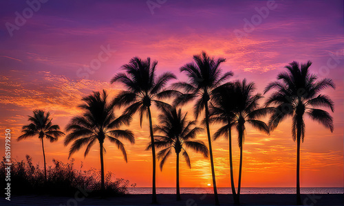 silhouette of palm trees against a summer sunset background