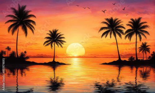 silhouette of palm trees against a summer sunset background