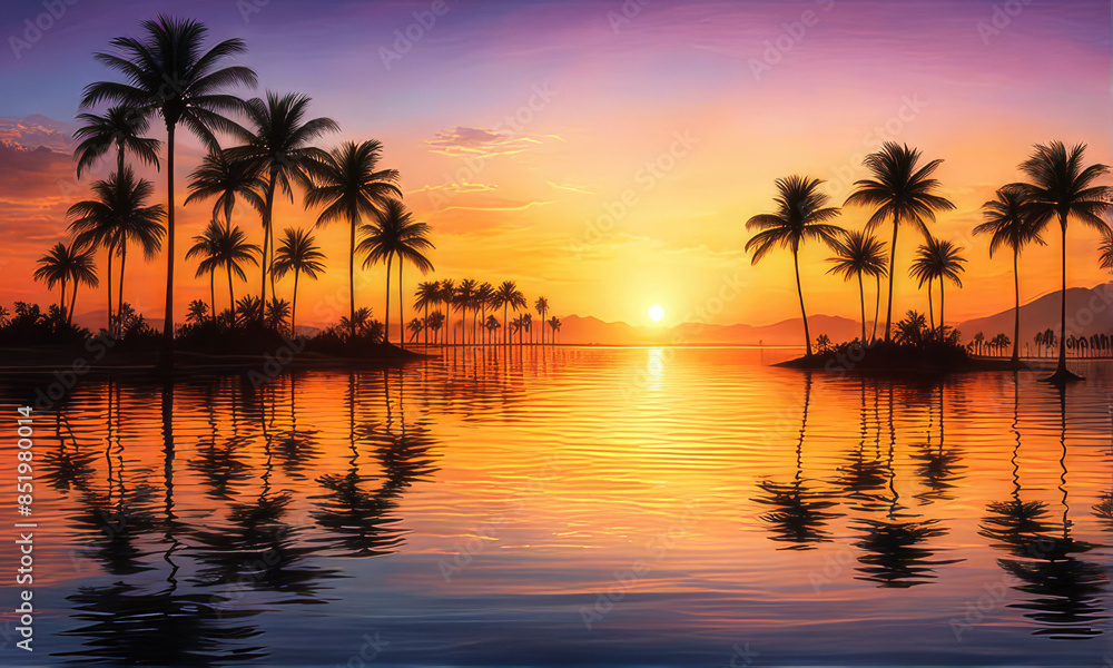 Obraz premium silhouette of palm trees against a summer sunset background