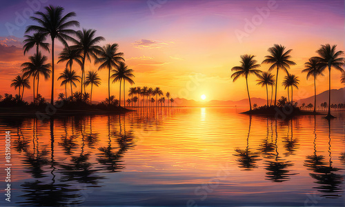silhouette of palm trees against a summer sunset background