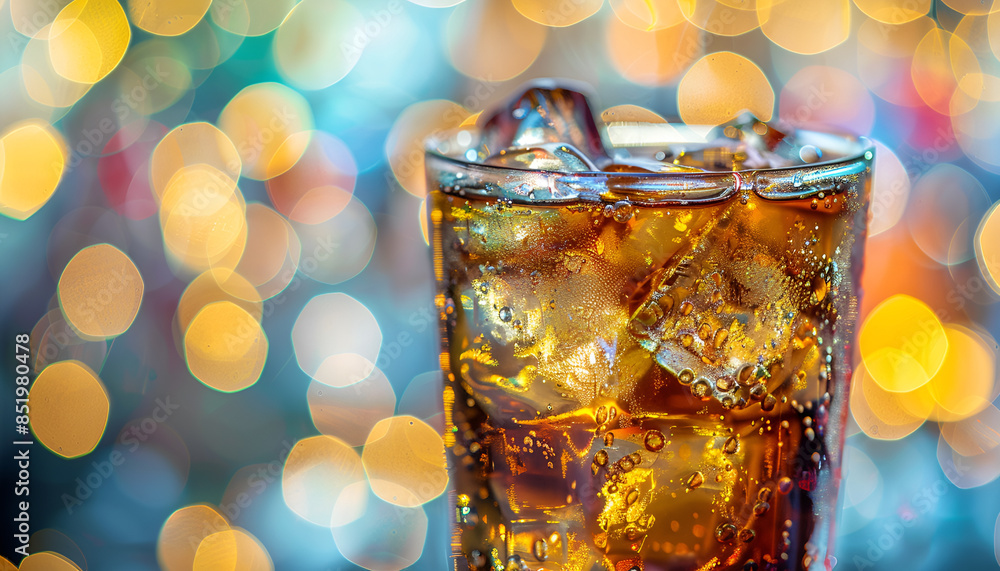 Cola with ice cubes in plastic glass blurred background Cola with ice cubes in plastic glass blurred background