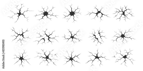 Set of cracks. Crevice, fissure, collapse, holes on stone ground, black crack collection isolated on white.