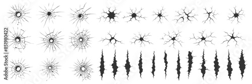Set of vector illustrations of cracks. Crevice, broken crack, collapse, earthquake damage, holes on stone ground or wall surface, black crack collection isolated on white.