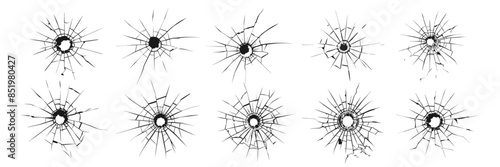 Cracked glass. Broken window, broken glass surface and broken glass texture silhouette. Set of vector illustrations isolated.