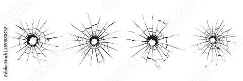 Cracked glass. Broken window, broken glass surface and broken glass texture silhouette. Set of vector illustrations isolated.
