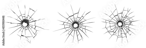 Cracked glass. Broken window, broken glass surface and broken glass texture silhouette. Set of vector illustrations isolated.