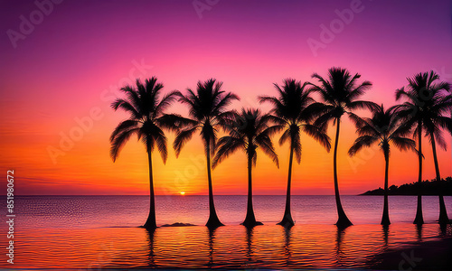 silhouette of palm trees against a summer sunset background