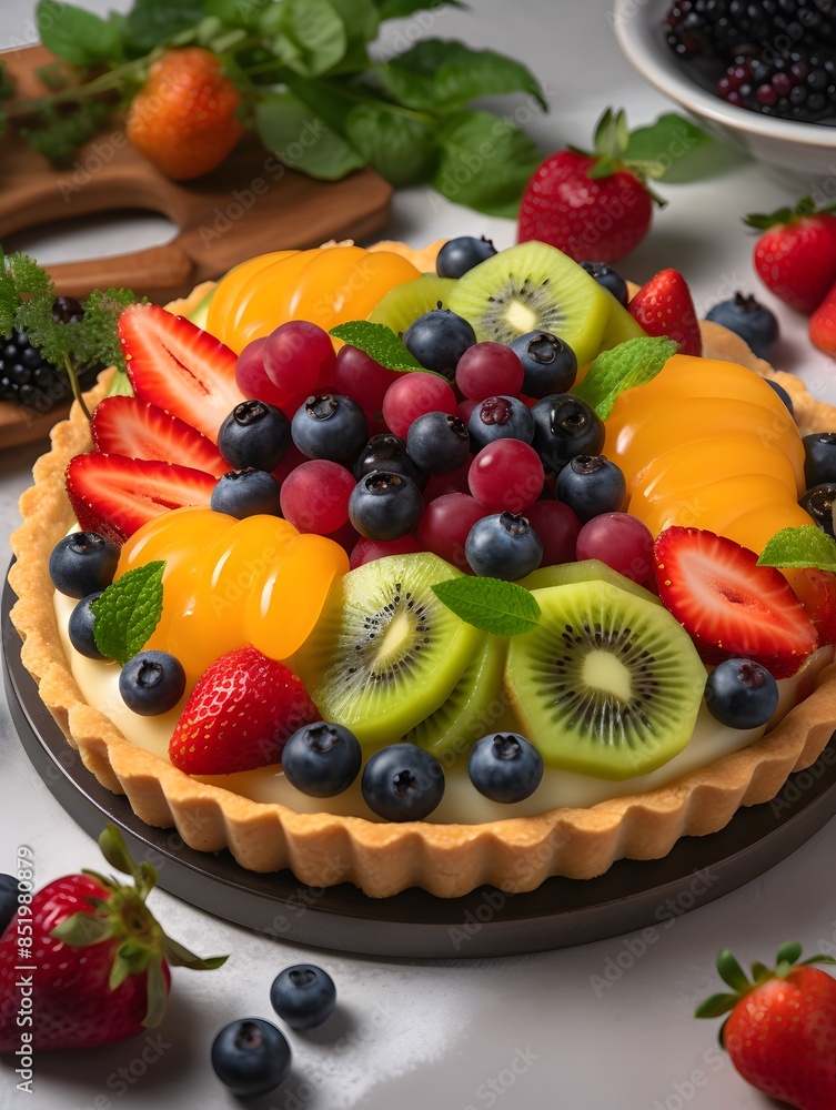 Vibrant Mixed Fruit Tart with Kiwi, Berries, and Peach Glaze. Vibrant Mixed Fruit Tart with Kiwi, Berries, and Peach Glaze.