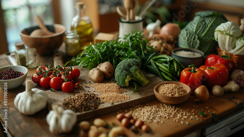 Variety of vegetables and spices on cutting board photo