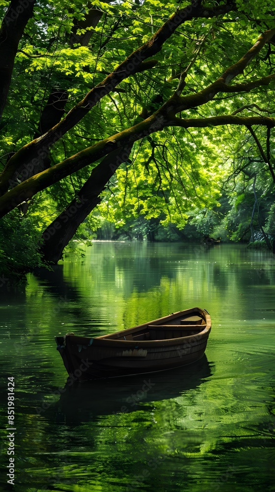 A lone wooden boat floats gently on lake with arching green trees A lone wooden boat floats gently on lake with arching green trees