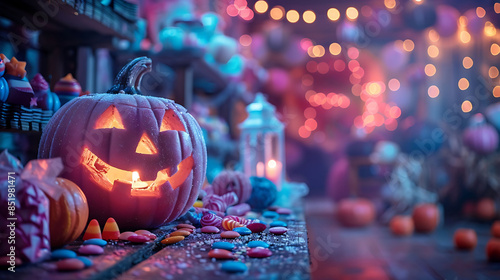  An eerie Halloween night with a table of colorful sweets and ghostly lights.