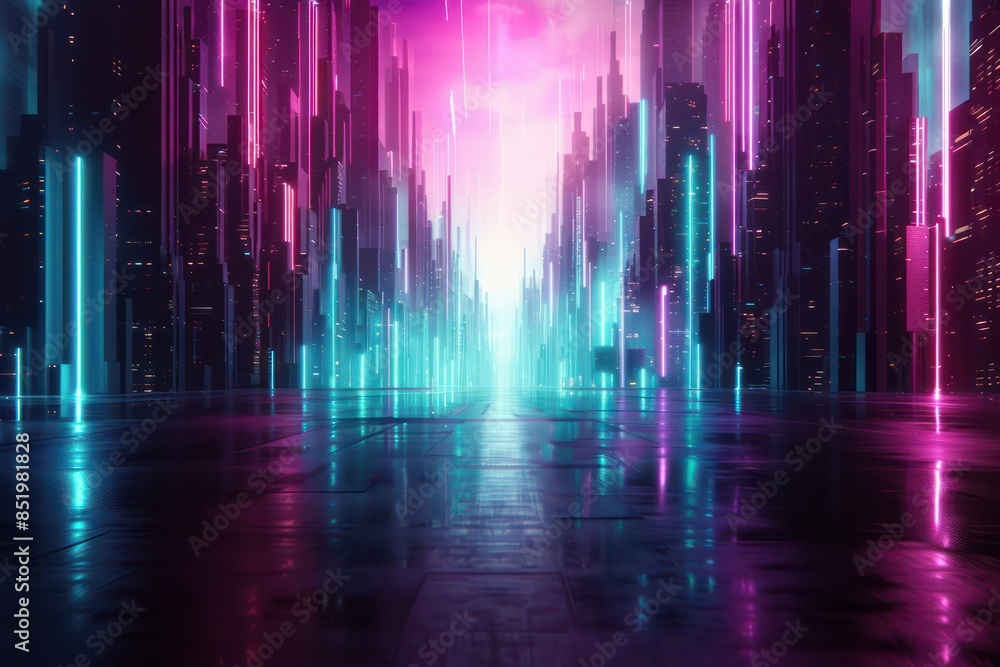 A cityscape with neon lights and buildings in the background A cityscape with neon lights and buildings in the background