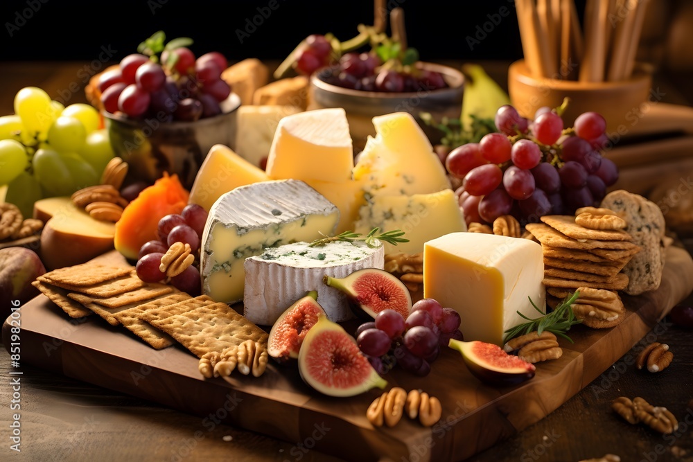 Elegant cheese platter with assorted fruits, nuts, and crackers. Elegant cheese platter with assorted fruits, nuts, and crackers.