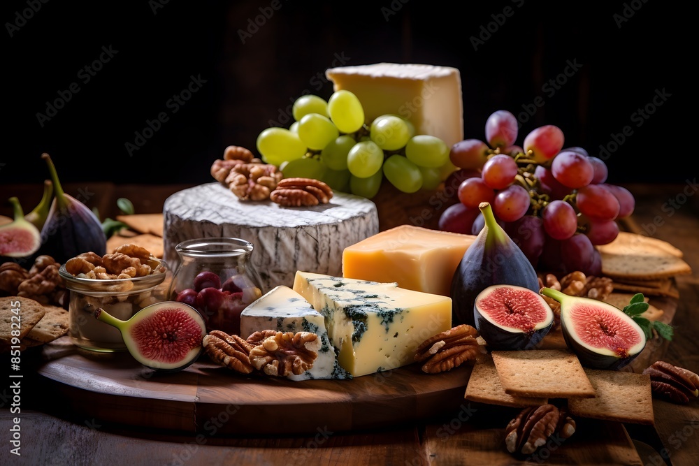 Elegant cheese platter with assorted fruits, nuts, and crackers. Elegant cheese platter with assorted fruits, nuts, and crackers.