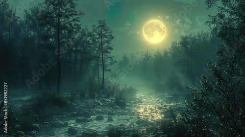 A moon is shining brightly in the sky above a forest