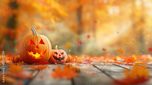 Halloween pumpkins with forest and copy space