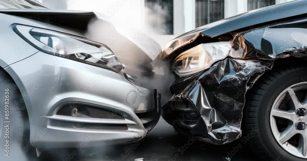 Car Engine Crashed car accident. closeup of frontal crash of two cars. burning engine with ...