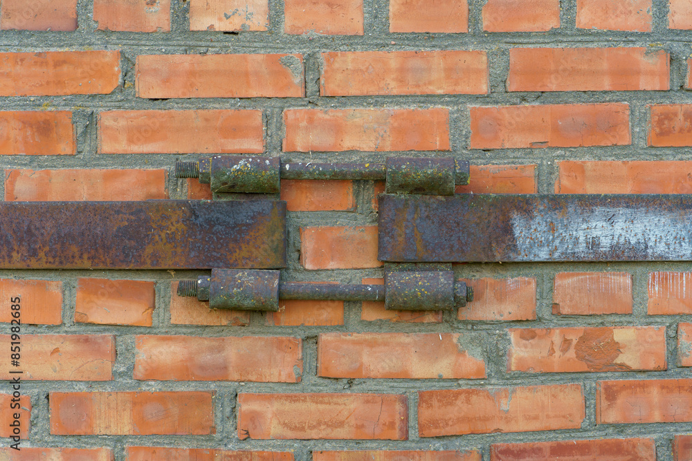 The surface is made of old red brick. A wall of old historical buildings made of broken bricks and protruding metal pins. A clean background for the design The surface is made of old red brick. A wall of old historical buildings made of broken bricks and protruding metal pins. A clean background for the design
