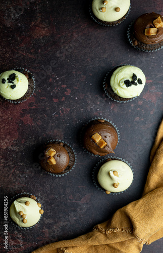 Overhead of mini chocolate cupcakes