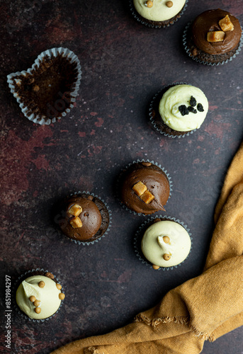 mini chocolate cupcakes with chocolate and vanilla frosting