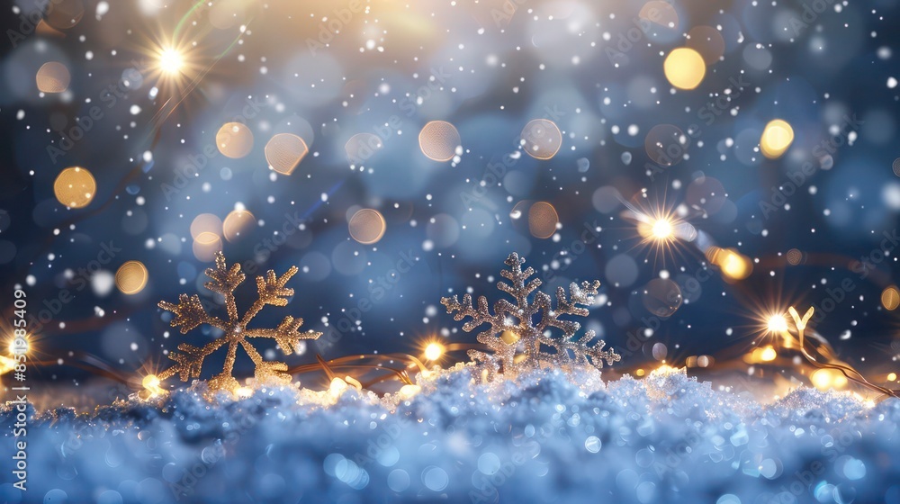 Festive Winter Wonderland Scene with Delicate Snowflakes and Warm Fairy Lights: A Winter Holiday Concept Festive Winter Wonderland Scene with Delicate Snowflakes and Warm Fairy Lights: A Winter Holiday Concept