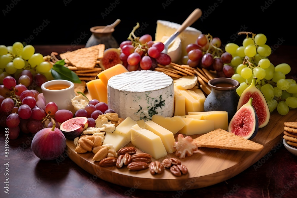 Elegant cheese platter with assorted fruits, nuts, and crackers. Elegant cheese platter with assorted fruits, nuts, and crackers.