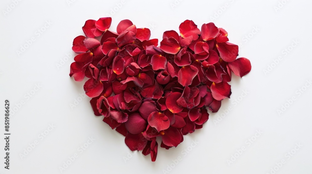 A stunning red rose heart made of petals set against a pristine white background A stunning red rose heart made of petals set against a pristine white background