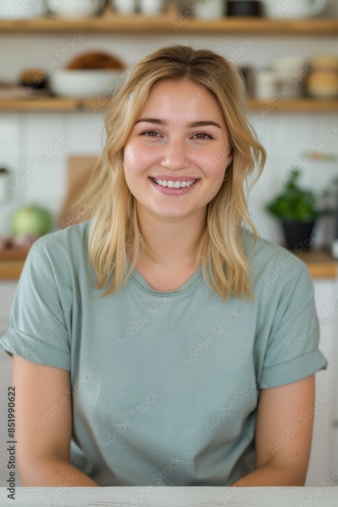 Smiling beautiful blond young woman sitting at her home kitchen looking at the camera Smiling beautiful blond young woman sitting at her home kitchen looking at the camera