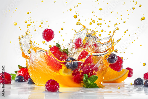 fruit in water, A fresh berry-citrus juice splash frozen in mid-air against a pure white background photo