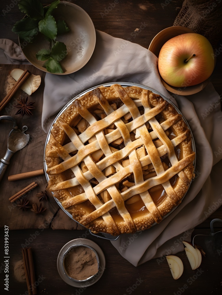 Homemade apple pie with lattice crust on a rustic table. Homemade apple pie with lattice crust on a rustic table.