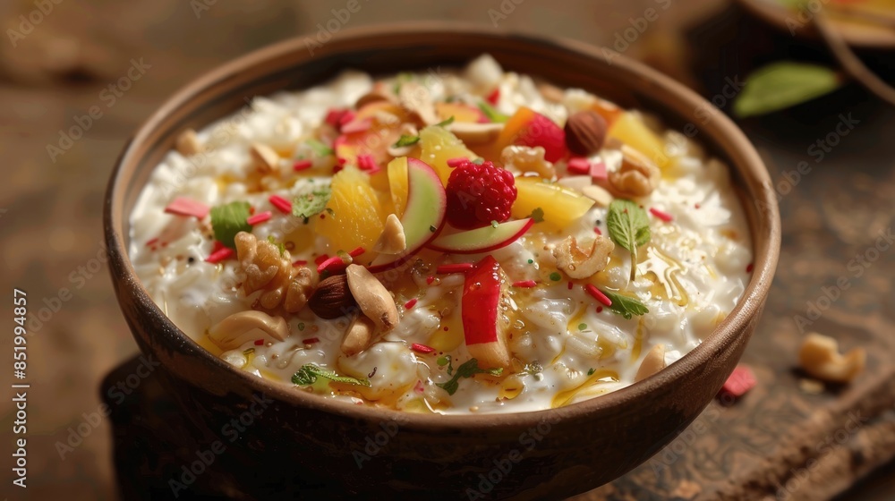 Delicious and nutritious this Indian breakfast cereal called Chuda Dahi features flattened rice topped with curd fruits nuts and a drizzle of honey all presented against a warm brown backdr Delicious and nutritious this Indian breakfast cereal called Chuda Dahi features flattened rice topped with curd fruits nuts and a drizzle of honey all presented against a warm brown backdr