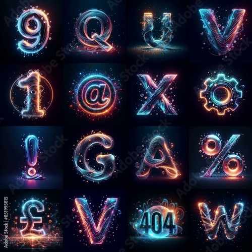 Glasss and neon light Lettering Typeface. AI generated illustration