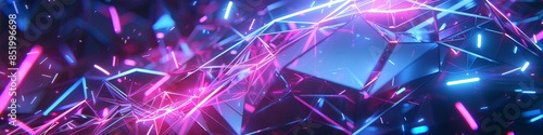 Futuristic abstract design with broken grid connections on a dark background, neon lights adding to the chaotic effect