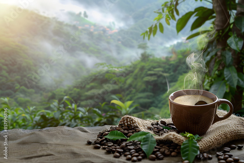 A steaming cup of coffee on a burlap cloth with coffee beans, surrounded by misty green mountains